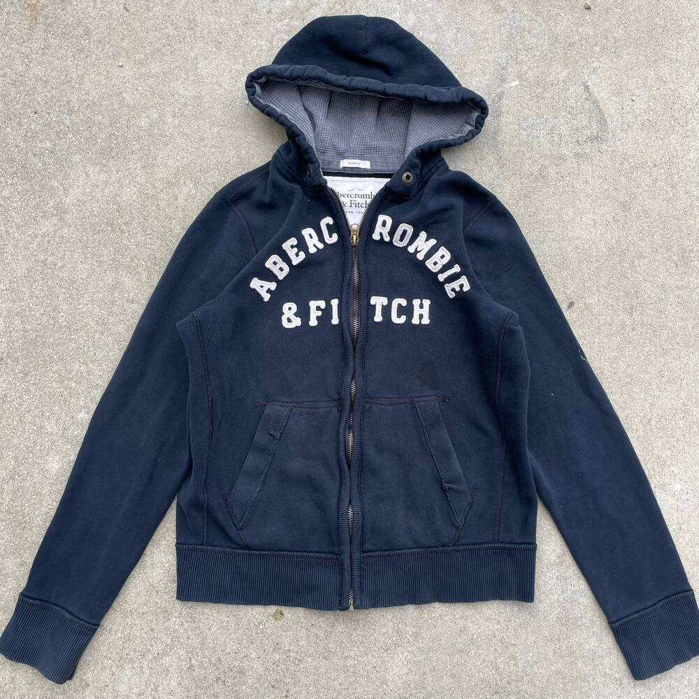 Vintage Abercrombie & Fitch Mens XL Zip Up Hoodie Faded Navy Spell Out Y2K